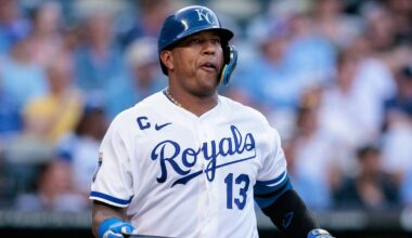 Jun 30, 2026; Kansas City, Missouri, USA; Kansas City Royals catcher Salvador Perez (13) at the plate during the fourth inning against the Tampa Bay Rays at Kauffman Stadium. Mandatory Credit: William Purnell-Imagn Images