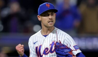 Apr 22, 2026; New York City, New York, USA; New York Mets pitcher Luke Weaver (30) reacts during the ninth inning against the Minnesota Twins at Citi Field. Mandatory Credit: Brad Penner-Imagn Images
