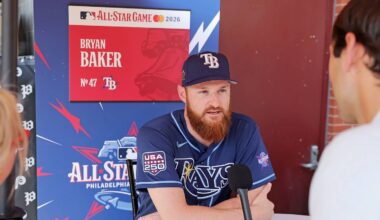 Jul 13, 2026; Philadelphia, PA, USA; Tampa Bay Rays pitcher Bryan Baker (43) before the home run derby at Citizens Bank Park. Mandatory Credit: Brad Penner-Imagn Images