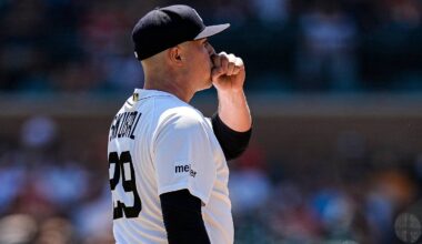 Detroit Tigers pitcher Tarik Skubal (29) looks on before throwing a pitch against Philadelphia Phillies during the sixth inning at Comerica Park in Detroit on Sunday, July 12, 2026.
