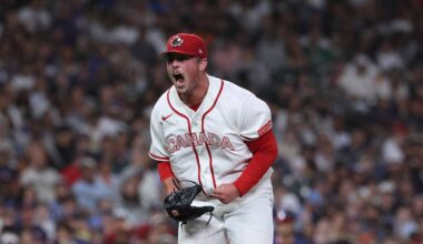 Houston, TX, United States; Canada relief pitcher Matt Wilkinson (35) reacts during the eighth inning against the United States during a quarterfinal game of the 2026 World Baseball Classic at Daikin Park. Mandatory Credit: Troy Taormina-Imagn Images