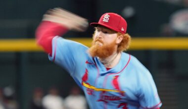Jul 18, 2026; Phoenix, Arizona, USA; St. Louis Cardinals pitcher Dustin May (3) throws against the Arizona Diamondbacks in the third inning at Chase Field. Mandatory Credit: Rick Scuteri-Imagn Images