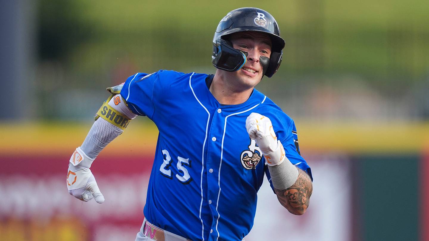 Biloxi Shuckers infielder Andrew Fischer (25) runs to third base during a minor league baseball game between the Knoxville Smokies and Biloxi Shuckers at Covenant Health Park in Knoxville, Tenn., on July 7, 2026.