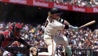 May 27, 2026; San Francisco, California, USA; San Francisco Giants pinch hitter Harrison Bader (9) strikes out against the Arizona Diamondbacks during the seventh inning at Oracle Park. Mandatory Credit: D. Ross Cameron-Imagn Images