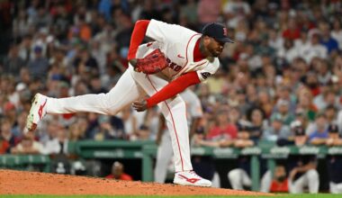 Jul 20, 2026; Boston, Massachusetts, USA; Boston Red Sox relief pitcher Aroldis Chapman (44) pitches against the Baltimore Orioles during the ninth inning at Fenway Park. Mandatory Credit: Eric Canha-Imagn Images
