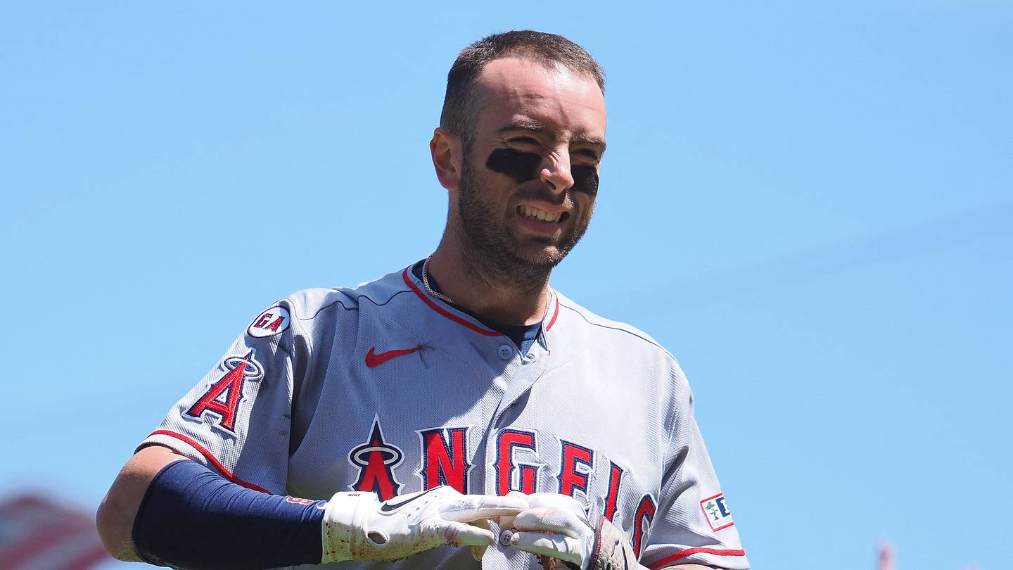 Jul 25, 2026; San Francisco, California, USA; Los Angeles Angels shortstop Zach Neto (9) reacts after being hit by pitch against the San Francisco Giants during the seventh inning at Oracle Park. Mandatory Credit: Kelley L Cox-Imagn Images