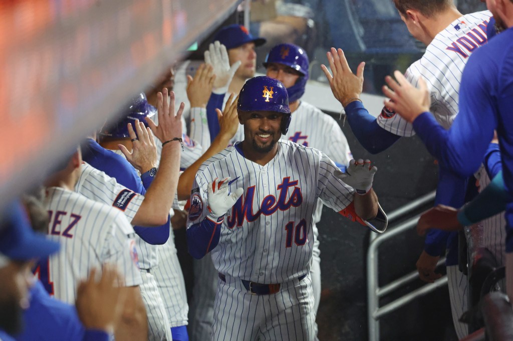 Marcus Semien celebrates during the Mets-Braves game on July 27, 2026. 