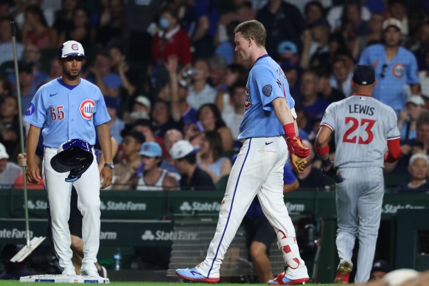 Cubs center fielder Pete Crow-Armstrong throws his batting helmet after popping out in the seventh inning against the Twins at Wrigley Field on July 17, 2026, in Chicago. (John J. Kim/Chicago Tribune)