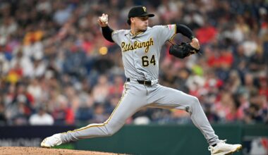 Khristian Curtis of the Pittsburgh Pirates throws a pitch during the second inning of his Major League debut in the second game of a doubleheader against the Cleveland Guardians at Progressive Field on Saturday, July 18, 2026, in Cleveland. (Nick Cammett/Getty Images/TNS)