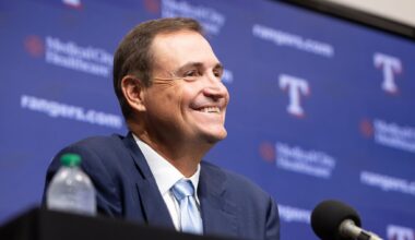Newly drafted Dallas Cowboys defensive player Caleb Downs of Ohio State answers questions from the media during a press conference at The Star in Frisco, April 24, 2026.