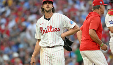 Philadelphia Phillies pitcher Aaron Nola (27) walks off the mound after being removed against the Pittsburgh Pirates during the fifth inning at Citizens Bank Park.