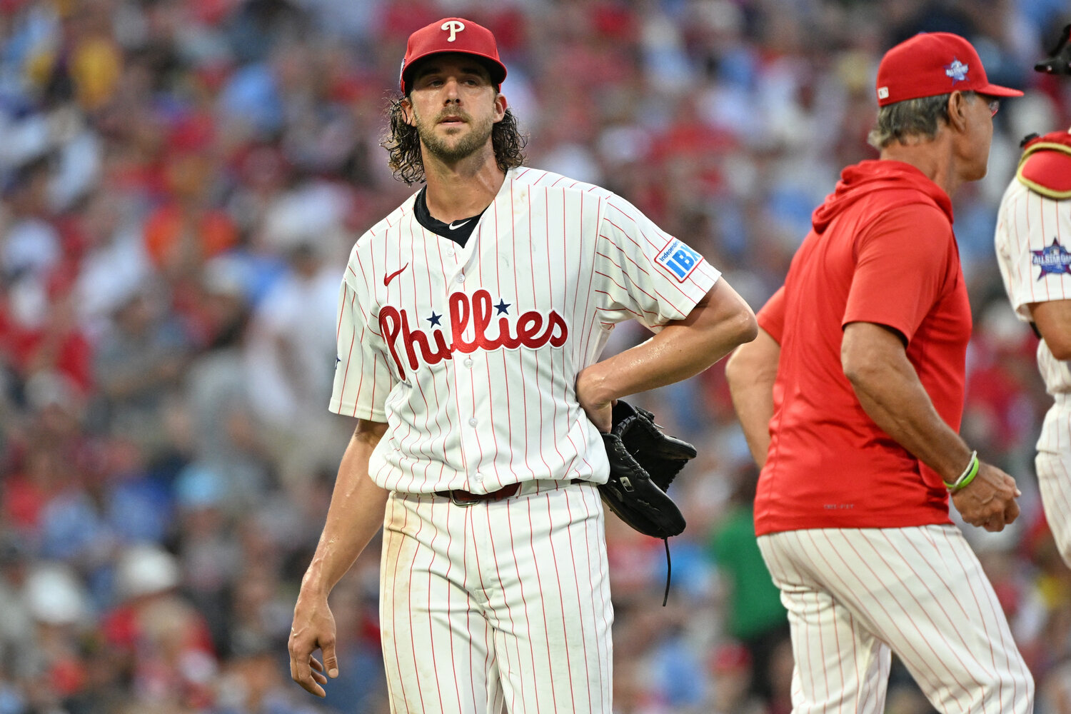Philadelphia Phillies pitcher Aaron Nola (27) walks off the mound after being removed against the Pittsburgh Pirates during the fifth inning at Citizens Bank Park.
