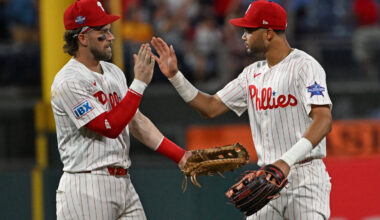 Philadelphia Phillies first baseman Bryce Harper (3) and center fielder Justin Crawford (2) celebrate win against the Pittsburgh Pirates at Citizens Bank Park.