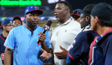 Ken Griffey Jr speaks with Roy Wood Jr after the game between National League and American League at Citizens Bank Park.