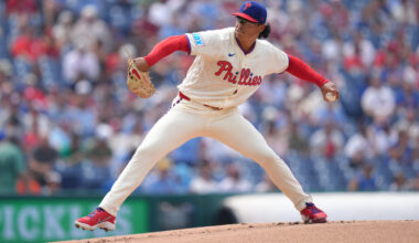 Philadelphia Phillies starting pitcher Jesus Luzardo (44) throws a pitch against the New York Mets in the first inning at Citizens Bank Park.