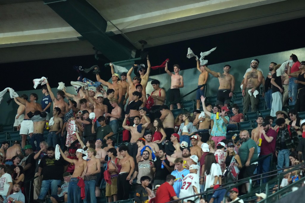 Fans in the stands at the St. Louis Cardinals vs. Los Angeles Angels game.