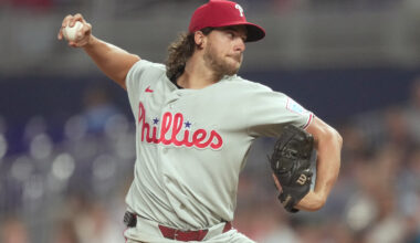 Philadelphia Phillies pitcher Aaron Nola (27) throws in the third inning against the Miami Marlins at loanDepot Park.