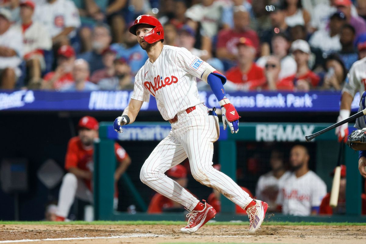 Trea Turner #7 of the Philadelphia Phillies watches his 2nd home run of the game against the Los Angeles Dodgers at Citizens Bank Park on July 20, 2026 in Philadelphia, Pennsylvania. Trea Turner #7 of the Philadelphia Phillies watches his 2nd home run of the game against the Los Angeles Dodgers at Citizens Bank Park on July 20, 2026 in Philadelphia, Pennsylvania.