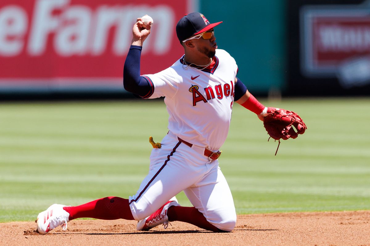 Oswald Peraza #2 of the Los Angeles Angels throws to first base during the game against the St. Louis Cardinals at Angel Stadium of Anaheim on July 22, 2026 in Anaheim, California.