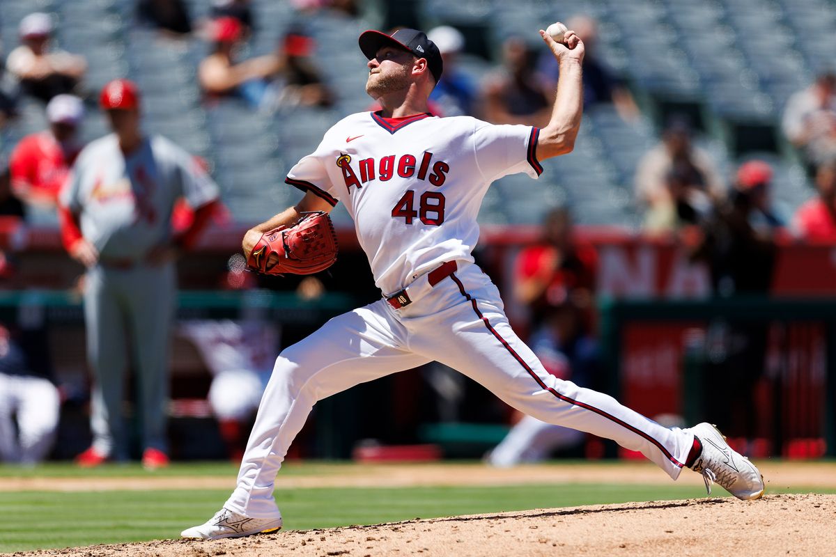 Reid Detmers #48 of the Los Angeles Angels pitches during the game against the St. Louis Cardinals at Angel Stadium of Anaheim on July 22, 2026 in Anaheim, California.