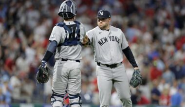 Yankees catcher Austin Wells and pitcher David Bednar after the Yanks won nthe New York Yankees at Philadelphia Phillies MLB baseball game at Citizens Bank Park in Philadelphia on Saturday, July 25, 2026.