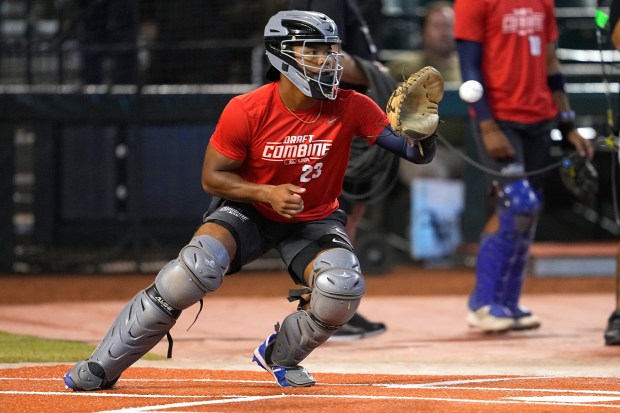 Draft prospect Zion Rose participates in the MLB baseball draft combine, Tuesday, June 20, 2023, in Phoenix. (AP Photo/Matt York)