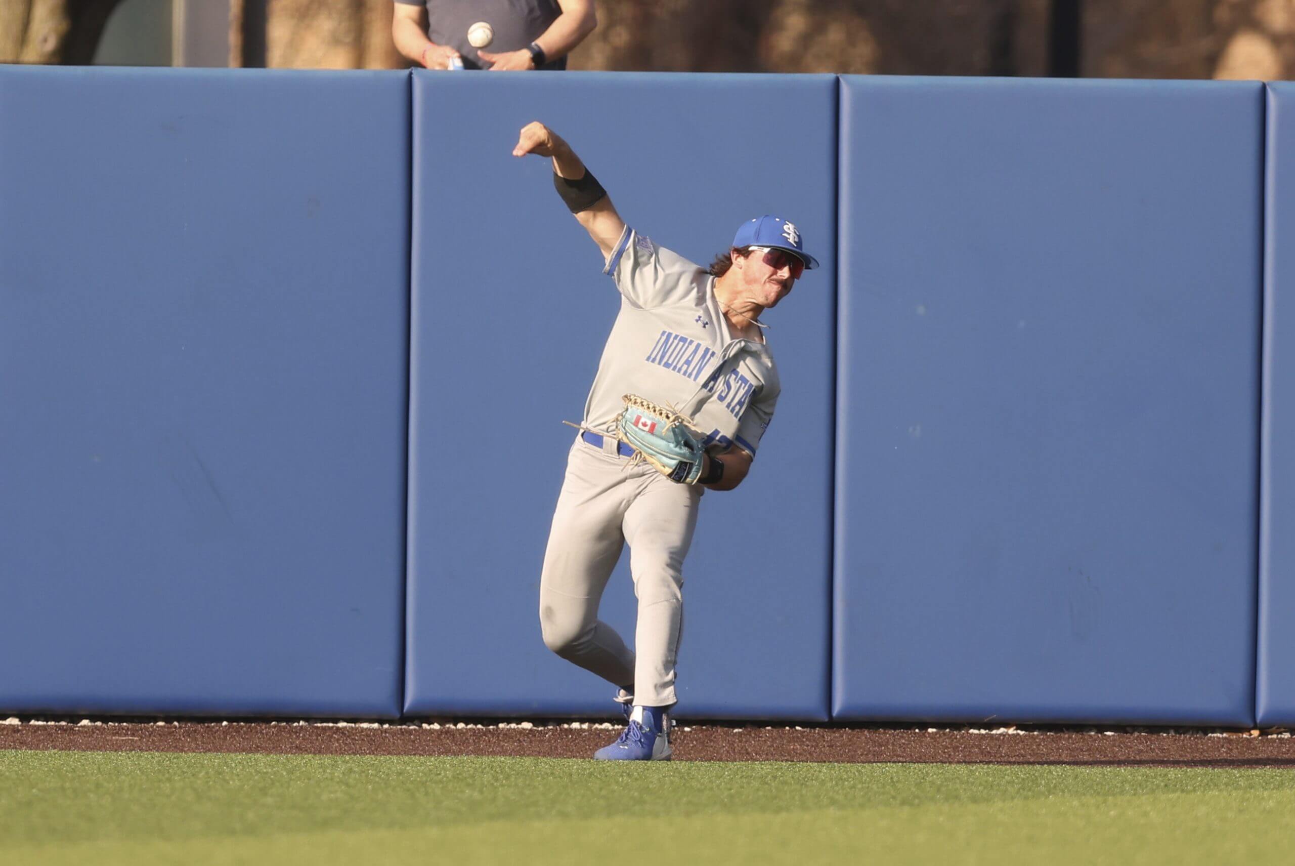 Indiana State Carter Beck (12) throws the ball during an NCAA baseball game on Friday, March 28, 2025, in Chicago.