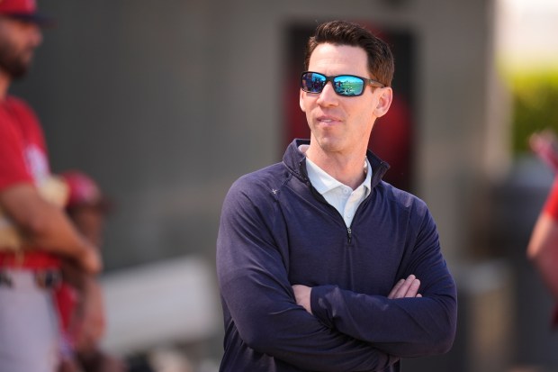 Boston Red Sox chief baseball officer Craig Breslow watches during a spring training baseball workout in Fort Myers, Fla., Monday, Feb. 16, 2026. (AP Photo/Gerald Herbert)