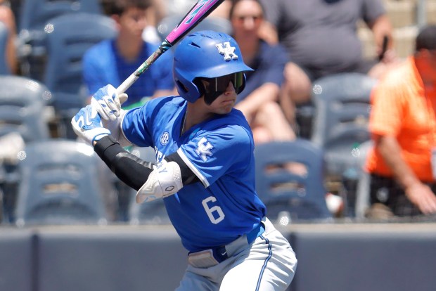 Kentucky infielder Tyler Bell (6) at bat during an NCAA regional baseball game against Wake Forest on Friday, May 29, 2026, in Morgantown,W.Va. Kentucky won 6-5. (AP Photo/Mike Buscher)