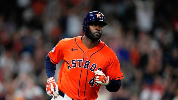 Houston Astros designated hitter Yordan Alvarez runs the bases after hitting a solo home run during the sixth inning of a baseball game against the Tampa Bay Rays, Friday, July 3, 2026, in Houston. (AP Photo/Kevin M. Cox)