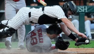 Boston Red Sox's Anthony Seigler (48) scores on a wild pitch by Chicago White Sox starting pitcher Davis Martin as catcher Kyle Teel catches the ball during the third inning of a baseball game in Chicago, Wednesday, July 8, 2026. (AP Photo/Nam Y. Huh)
