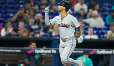 Brayan Rocchio celebrating home run vs. Seattle Mariners (2026).