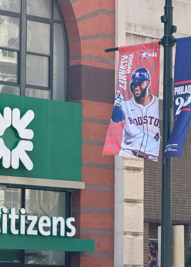 Street banner featuring baseball player Yordan Alvarez.