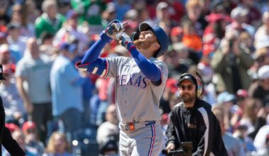 Texas Rangers' Brandon Nimmo celebrates his two run homer in the third inning of a baseball game against the Philadelphia Phillies, Sunday, March 29, 2026, in Philadelphia. (AP Photo/Laurence Kesterson)