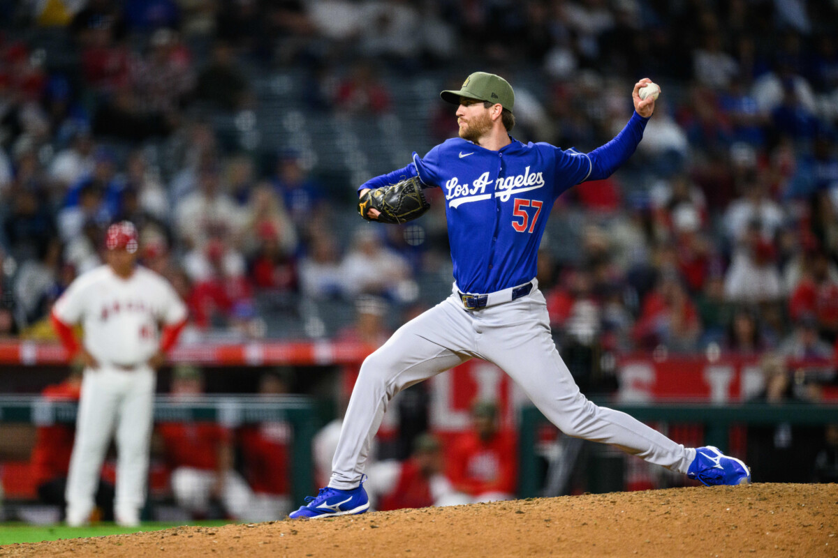 May 15, 2026; Anaheim, California, USA; Los Angeles Dodgers pitcher Charlie Barnes (57) delivers during the ninth inning against the Los Angeles Angels at Angel Stadium. Mandatory Credit: William Liang-Imagn Images