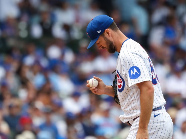 Cubs starting pitcher Colin Rea waits for the next Blue Jays batter in the second inning at Wrigley Field on June 20, 2026, in Chicago. (John J. Kim/Chicago Tribune)