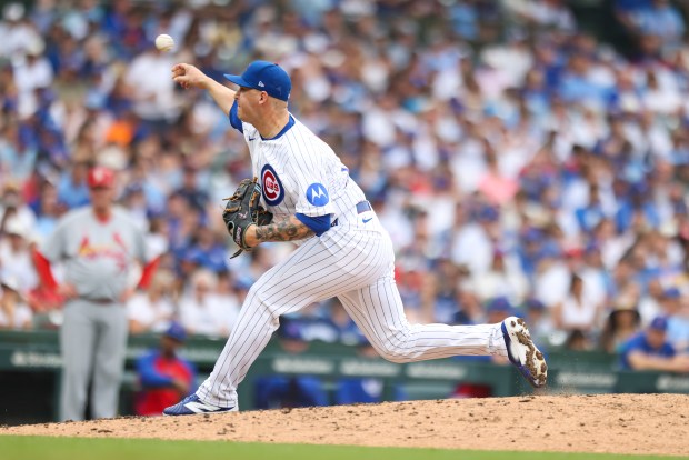 Chicago Cubs pitcher Jacob Webb (71) pitches during the eighth inning against the St. Louis Cardinals at Wrigley Field on Sunday, July 5, 2026. (Eileen T. Meslar/Chicago Tribune)