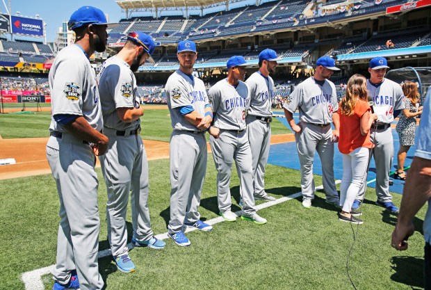All seven Chicago Cubs players were taping an interview on July 12, 2016, on the field before the All-Star Game at Petco Park in San Diego, California. (Nuccio DiNuzzo/Chicago Tribune)