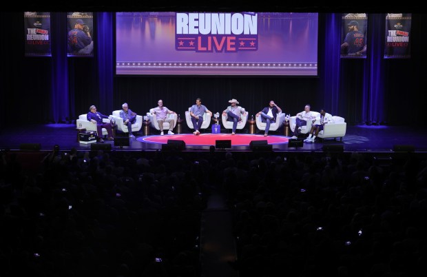 Former Cubs manager Joe Maddon, from second from left, with former players David Ross, Anthony Rizzo, Jon Lester, Jake Arrieta, Miguel Montero and Dexter Fowler, participate in "The Lovable Reunion Live" on July 16, 2026, at the Chicago Theatre. (John J. Kim/Chicago Tribune)