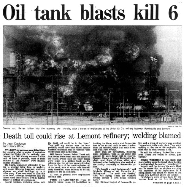 More than 150 firefighters worked on July 23, 1984, to contain flames that resulted from an explosion at the Union Oil Co. refinery in Romeoville. Seventeen people died. (Chicago Tribune)