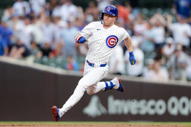 Cubs center fielder Pete Crow-Armstrong (4) runs the bases after hitting a triple during the first inning against the Tigers at Wrigley Field July 21, 2026 in Chicago. (Armando L. Sanchez/Chicago Tribune)