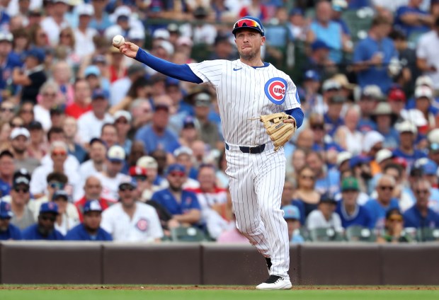 Cubs third baseman Alex Bregman throws to first on a ground ball in the first inning against the Twins on July 18, 2026, at Wrigley Field. (Chris Sweda/Chicago Tribune)