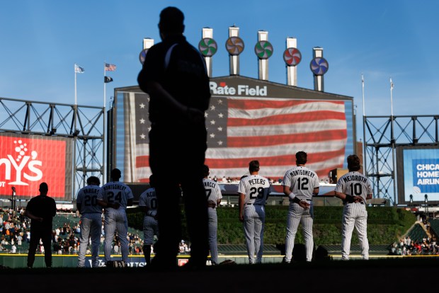 White Sox players stands during the national anthem before the first inning against the Guardians at Rate Field Monday June 22, 2026 in Chicago. (Armando L. Sanchez/Chicago Tribune)