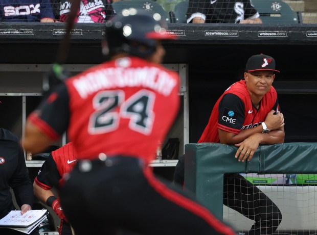 White Sox manager Will Venable watches right fielder Braden Montgomery bat against the Athletics on July 10, 2026, at Rate Field. (John J. Kim/Chicago Tribune)