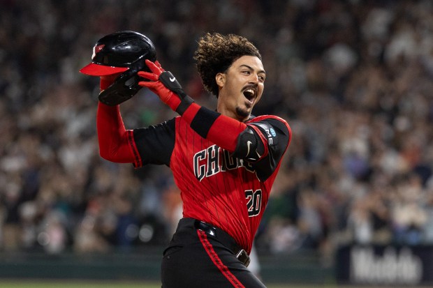 Chicago White Sox first baseman Miguel Vargas celebrates after hitting a home run in the 10th inning of a game against the Detroit Tigers at Rate Field in Chicago on Friday, May, 29, 2026. (Josh Boland/Chicago Tribune)