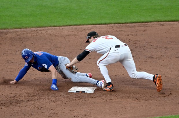 The Cubs' Nico Hoerner is tagged out by the Orioles' by Gunnar Henderson on a stolen-base attempt in the ninth inning on July 9, 2026, in Baltimore. (Greg Fiume/Getty)