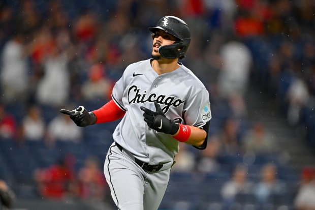 White Sox third baseman Miguel Vargas celebrates as he rounds the bases after hitting a three-run home run in the fifth inning against the Guardians at Progressive Field on July 3, 2026, in Cleveland. (Jason Miller/Getty)