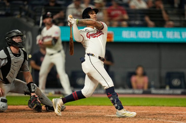 Guardians shortstop Brayan Rocchio and White Sox catcher Kyle Teel watch Rocchio's two-run walk-off home run in the ninth inning Thursday, July 2, 2026, in Cleveland. (Sue Ogrocki/AP)