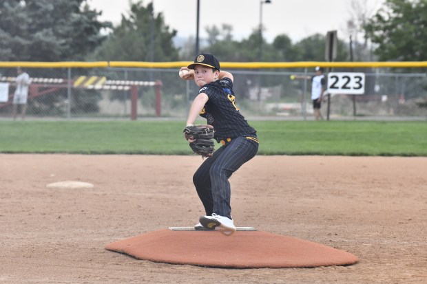 Monarch 12U baseball's Boomer Feger pitches against North Boulder at the Northern Lights Little League Complex on July 7, 2026. (Alissa Noe/BoCoPreps.com)