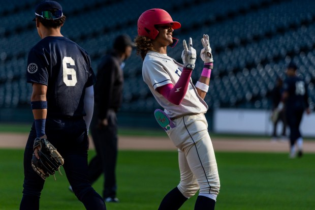 Homewood-Flossmoor's Mikey Watson (9) reacts after hitting a triple for the East All-Stars against the West during the Double Duty Classic at Rate Field in Chicago on Wednesday, July 22, 2026. (Vincent D. Johnson / Daily Southtown)